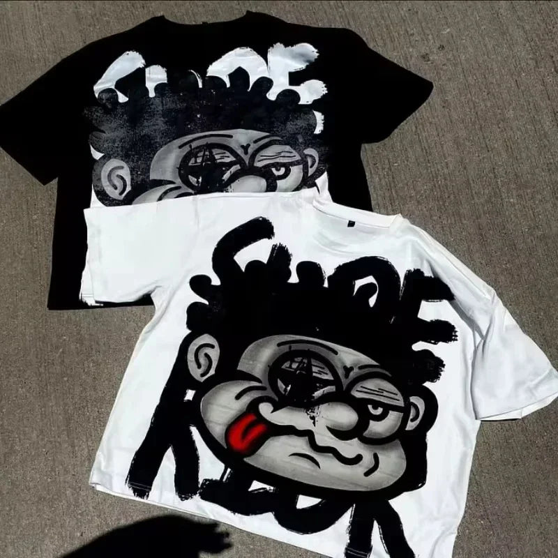 Vintage Big Face Graphic Print Cotton T-Shirt Men Y2K Summer Short Sleeves Vintage Oversize Tshirt Streetwear Women Top Tees