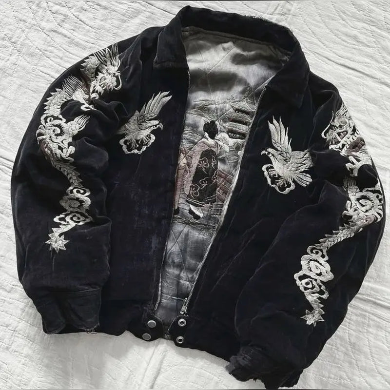 Hip Hop Japan Harajuku Style Jacket Gothic Dragon Pattern Bomber Jackets High Quality Embroidered Y2K Zipper Fleece Lined Coat