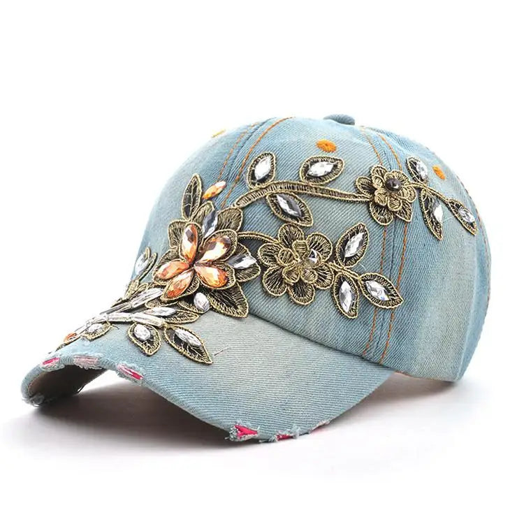Denim Floral Rhinestone Baseball Cap