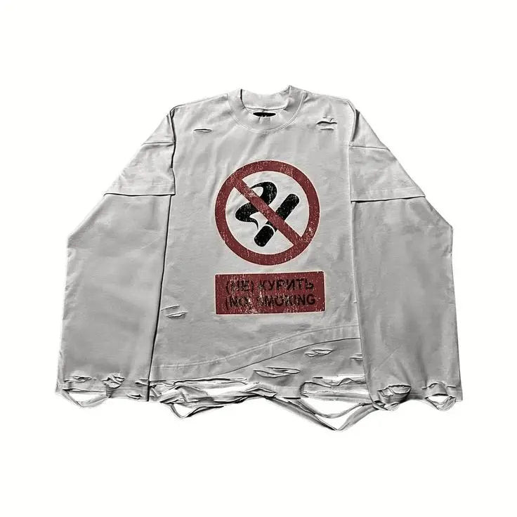 No Smoking Graphic Ripped Long Sleeve T-Shirt