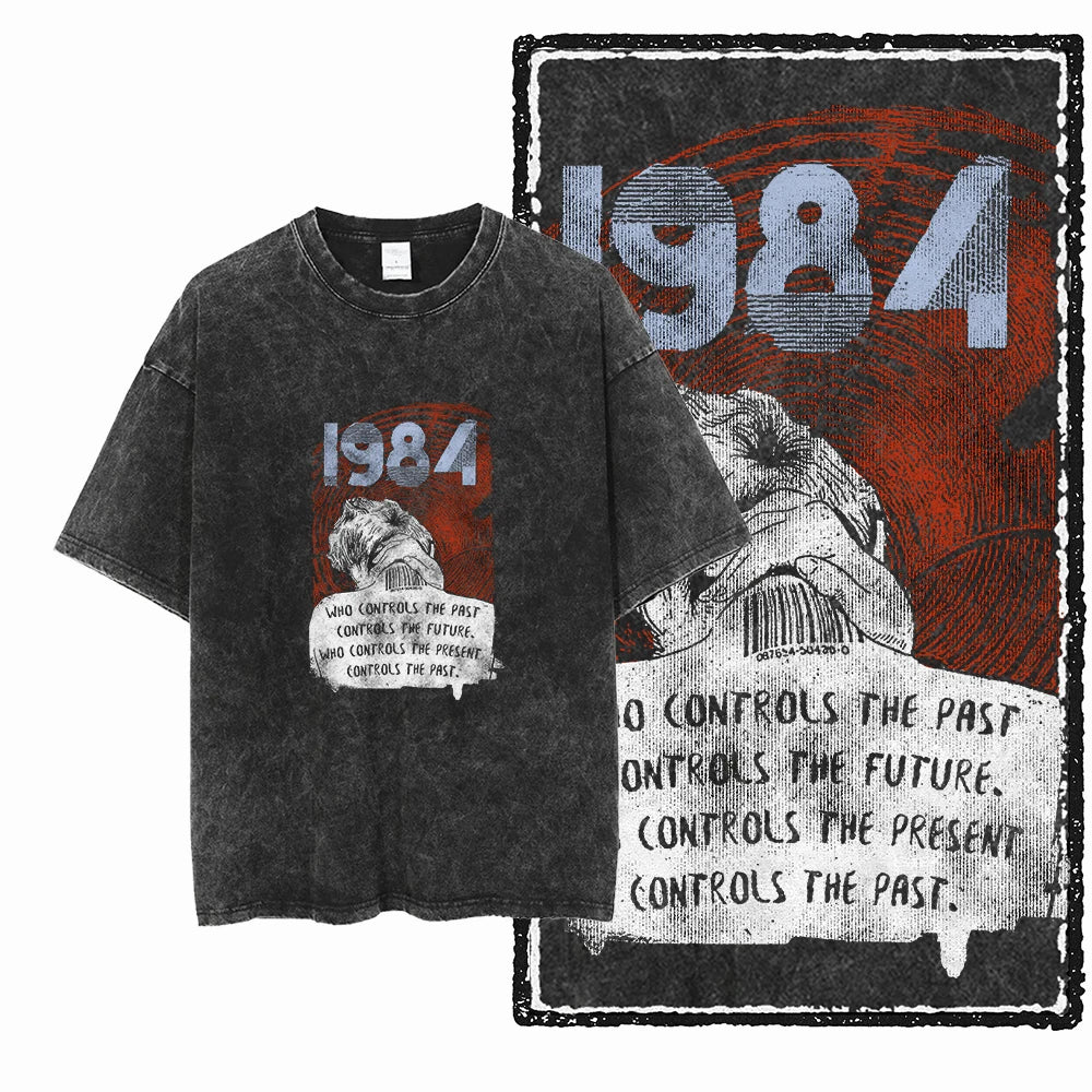 Black 1984 Vintage George Orwell Acid Wash Cotton T-Shirt