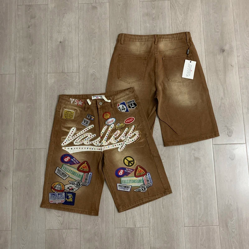 Colorful Rhinestone VALLEY Embroidery Patch Label Denim Shorts Jorts Men Women High Quality Loose Straight Short Jeans