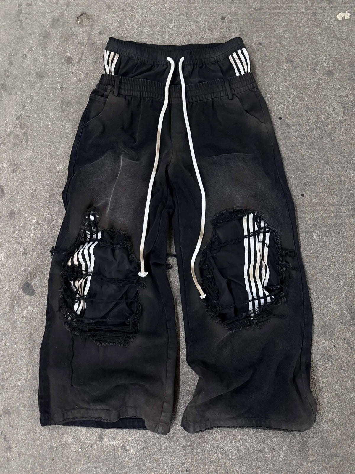 Black Striped Ripped Baggy Jogger Jeans