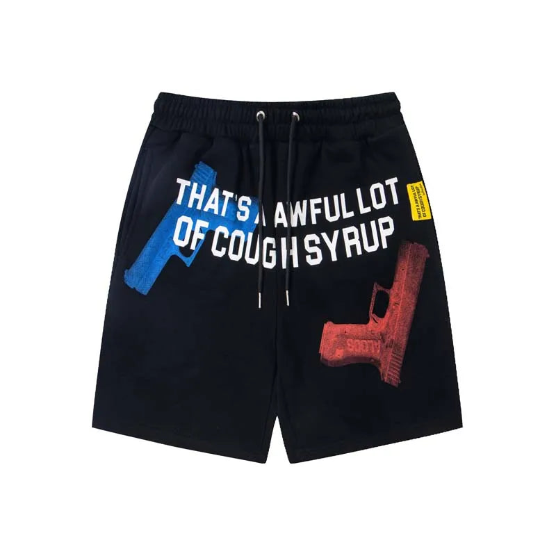 Hip Hop That's A Awful Lot of Cough Syrup Gun Print Short Pants High Quality Men Women Drawstring Black White Loose Shorts