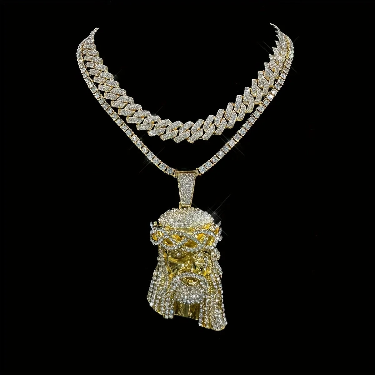 Stylish 3D Jesus Pendant Necklace - Hip Hop Inspired with Layered Cuban & Tennis Chains, Rhinestone Accents,Fashion Jewelry