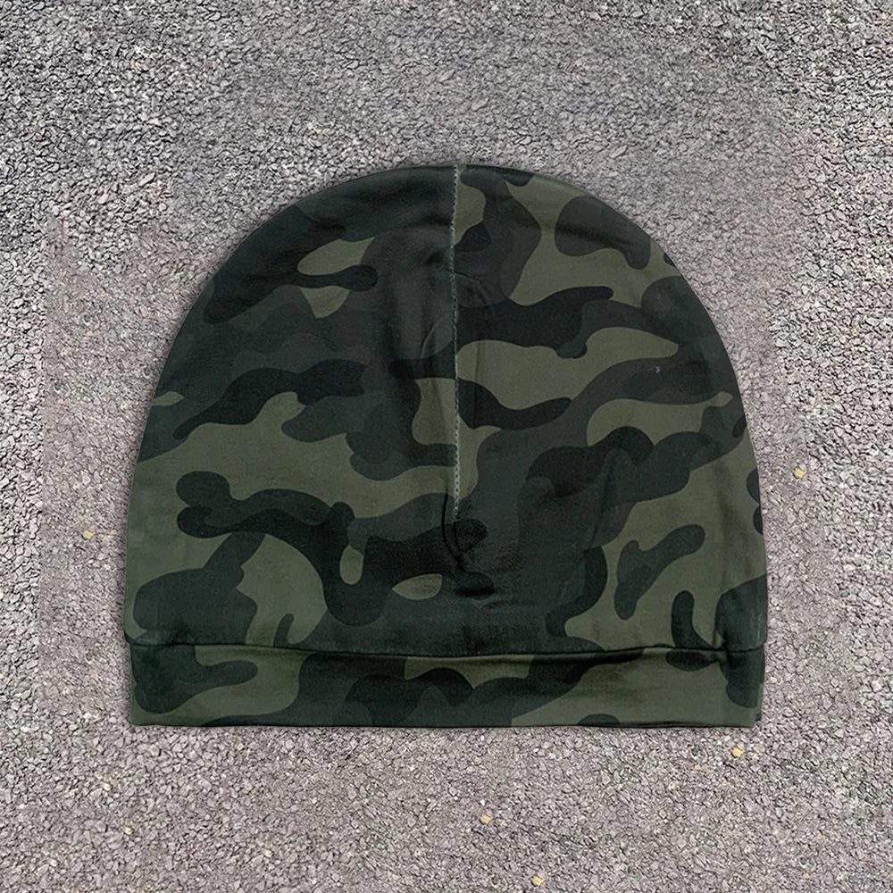 Dark Alt Fashion Camo Beanie Unisex with Neon Green Embroidery for Streetwear and Couple Outfit