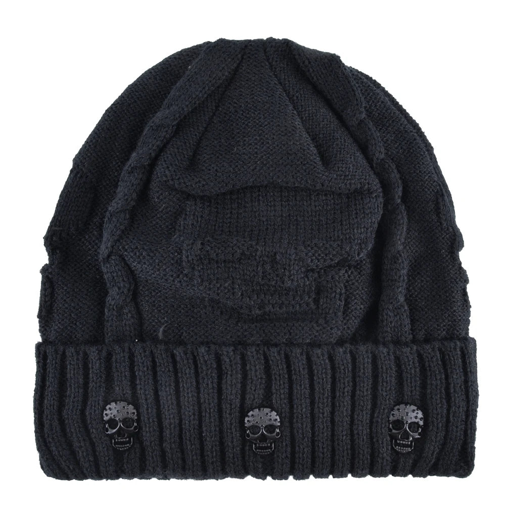 Winter Beanies Men Knitted Skull Pattern Solid Color Hat with Metal Skulls Skullies Beanies Men'S Knit Thick Hats Add Velvet