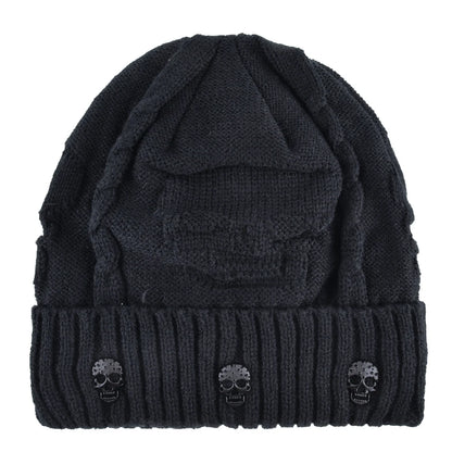 Winter Beanies Men Knitted Skull Pattern Solid Color Hat with Metal Skulls Skullies Beanies Men'S Knit Thick Hats Add Velvet