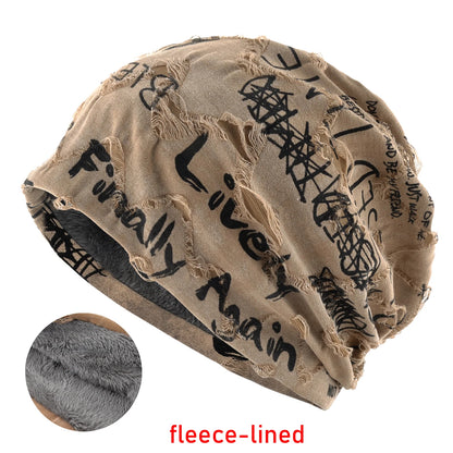 Letter Print Beanie Hats for Women Men Vintage Distressed Cracked Design ​Wasteland Style Spring Summer Warm Fleece-Lined Winter