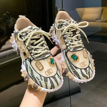 Party Queen Shoes New Rhinestone Womens Sneaksers Diamond Breathable Luxury Casual Thick Bottoms Dad Sports Shoe Zapatos Muje