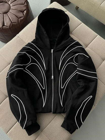 Street Retro Fashion Clothing Striped Embroidered Black Double Zipper Hoodie American Hip-Hop Punk Oversized Sweatshirt Women