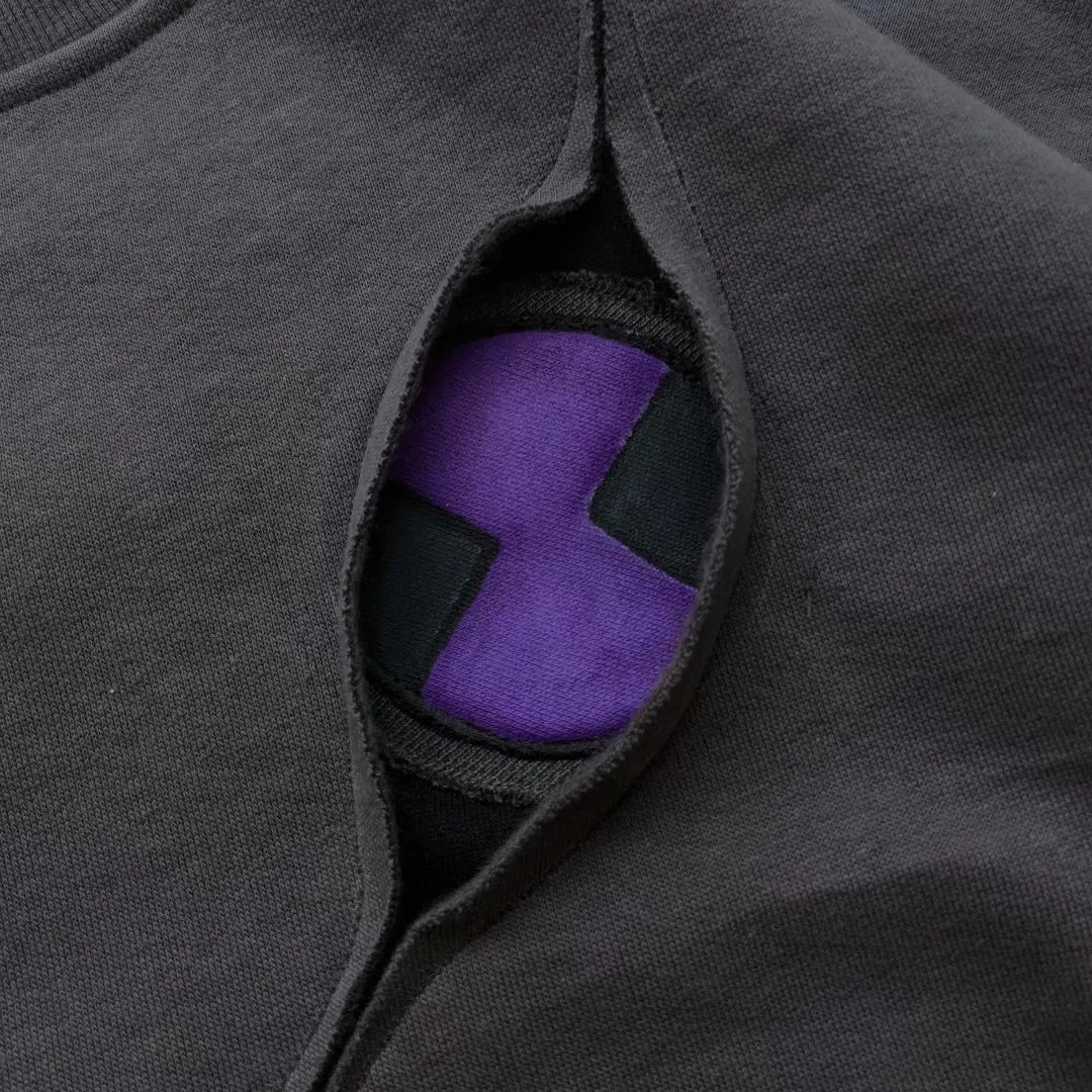 New Y2K Millennium Dark Style Patchwork Contrasting Hoodie, Worn Grey Purple Contrasting Deconstruction Loose round Neck Shirt