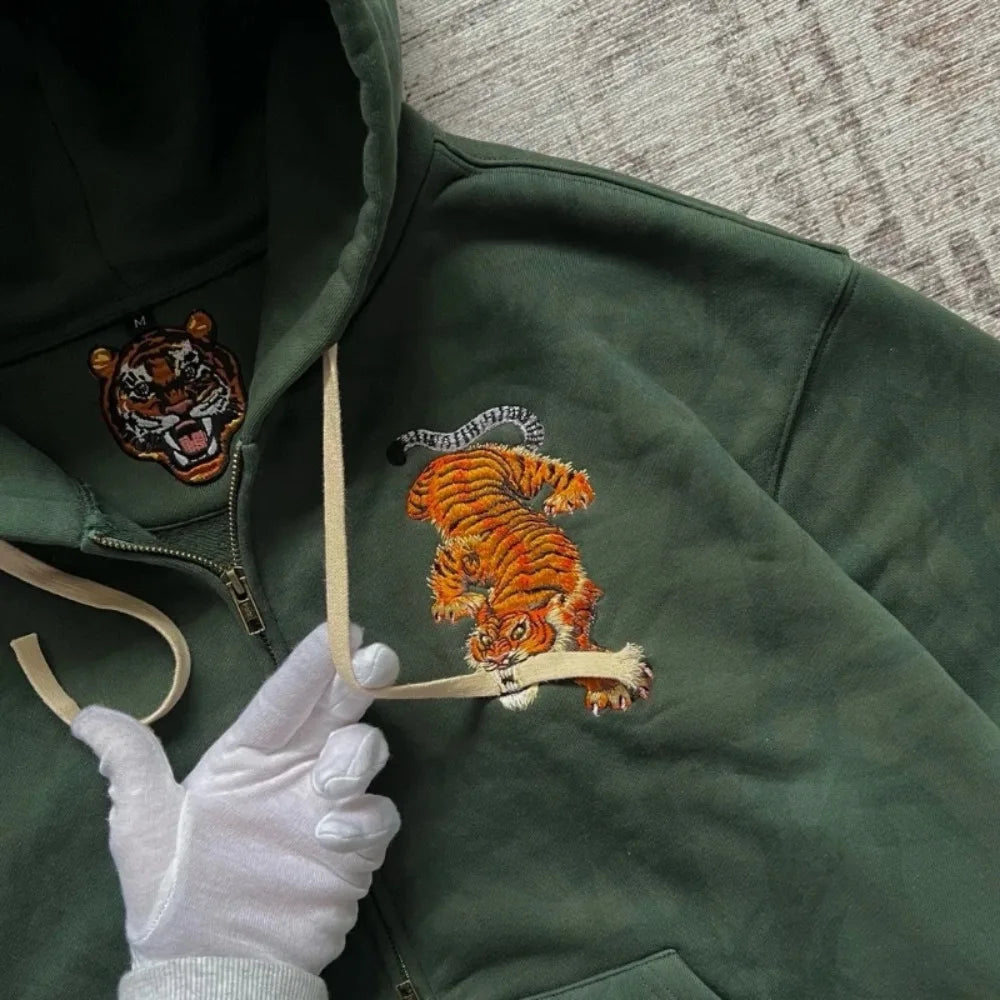 Y2K Men Women Casual Tiger Embroidery Hoodie Oversized Zip up Sweatshirts Long Sleeve with Kangaroo Pocket Olive Green Clothes