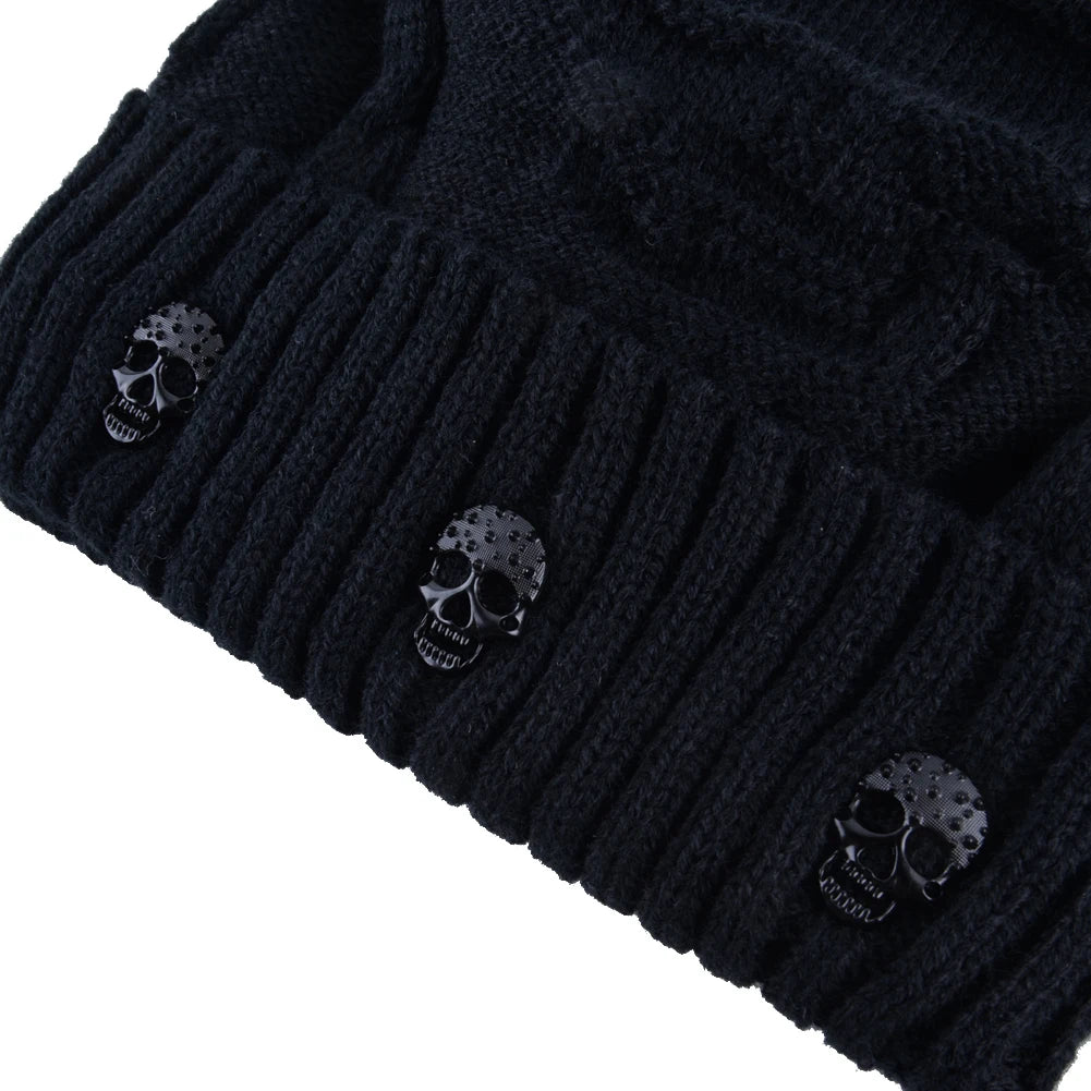 Winter Beanies Men Knitted Skull Pattern Solid Color Hat with Metal Skulls Skullies Beanies Men'S Knit Thick Hats Add Velvet
