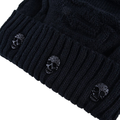 Winter Beanies Men Knitted Skull Pattern Solid Color Hat with Metal Skulls Skullies Beanies Men'S Knit Thick Hats Add Velvet