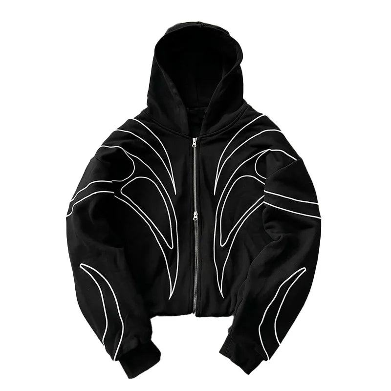 Street Retro Fashion Clothing Striped Embroidered Black Double Zipper Hoodie American Hip-Hop Punk Oversized Sweatshirt Women