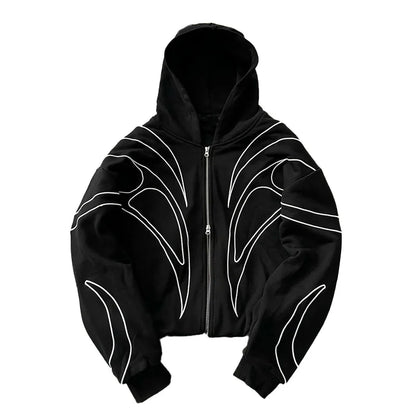 Street Retro Fashion Clothing Striped Embroidered Black Double Zipper Hoodie American Hip-Hop Punk Oversized Sweatshirt Women