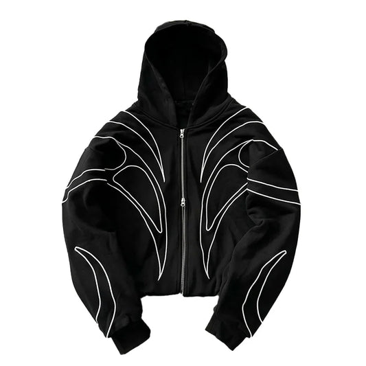 Street Retro Fashion Clothing Striped Embroidered Black Double Zipper Hoodie American Hip-Hop Punk Oversized Sweatshirt Women