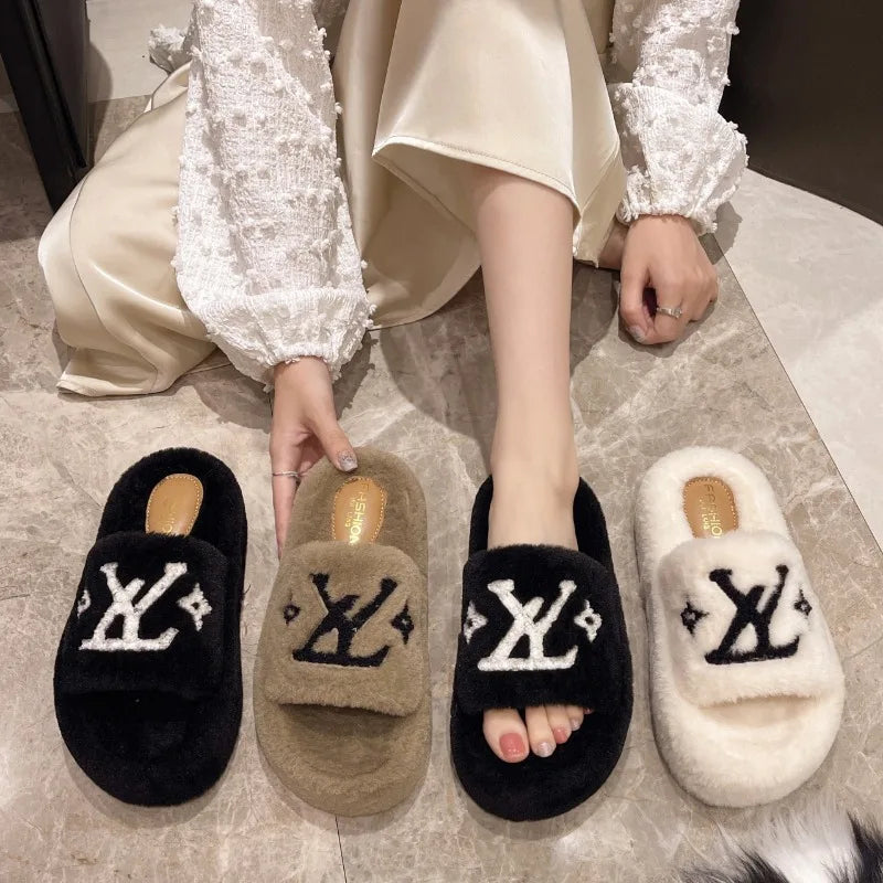 2025 New Popular Women'S Slippers Party Plush Summer New Best-Selling Furry Home Shoes Fur Flip Flops Female Slides Fur Shoes