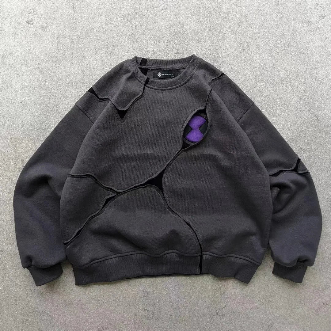 New Y2K Millennium Dark Style Patchwork Contrasting Hoodie, Worn Grey Purple Contrasting Deconstruction Loose round Neck Shirt