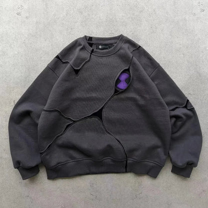 New Y2K Millennium Dark Style Patchwork Contrasting Hoodie, Worn Grey Purple Contrasting Deconstruction Loose round Neck Shirt