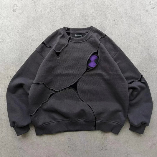 New Y2K Millennium Dark Style Patchwork Contrasting Hoodie, Worn Grey Purple Contrasting Deconstruction Loose round Neck Shirt