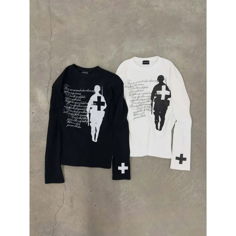 2026 New Arrival Women Y2K Black Soldier & Cross Print Long Sleeve Tee Waffle Knit Oversized Top