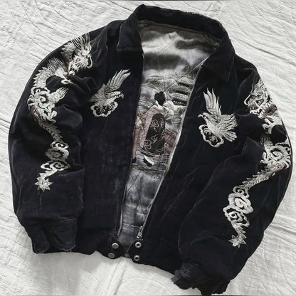 Hip Hop Japan Harajuku Style Jacket Gothic Dragon Pattern Bomber Jackets High Quality Embroidered Y2K Zipper Fleece Lined Coat
