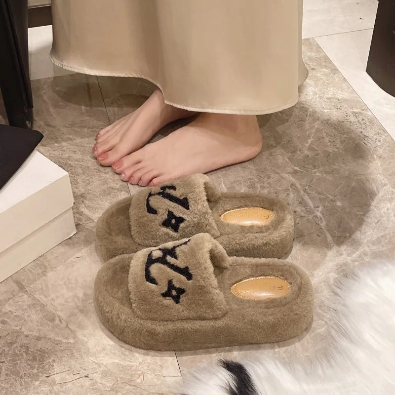 2025 New Popular Women'S Slippers Party Plush Summer New Best-Selling Furry Home Shoes Fur Flip Flops Female Slides Fur Shoes