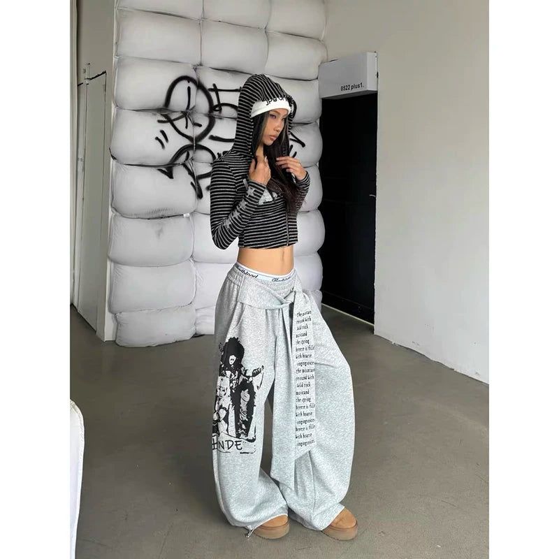 ZHIZOU Women Gray Gothic Baggy Y2K Letter Print Pants Harajuku 2000S Vintage Oversize Sweatpants Wide Leg Trousers Autumn 2025