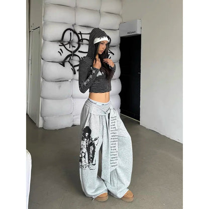ZHIZOU Women Gray Gothic Baggy Y2K Letter Print Pants Harajuku 2000S Vintage Oversize Sweatpants Wide Leg Trousers Autumn 2025