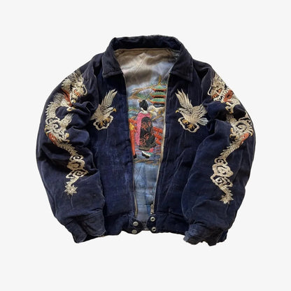 Hip Hop Japan Harajuku Style Jacket Gothic Dragon Pattern Bomber Jackets High Quality Embroidered Y2K Zipper Fleece Lined Coat