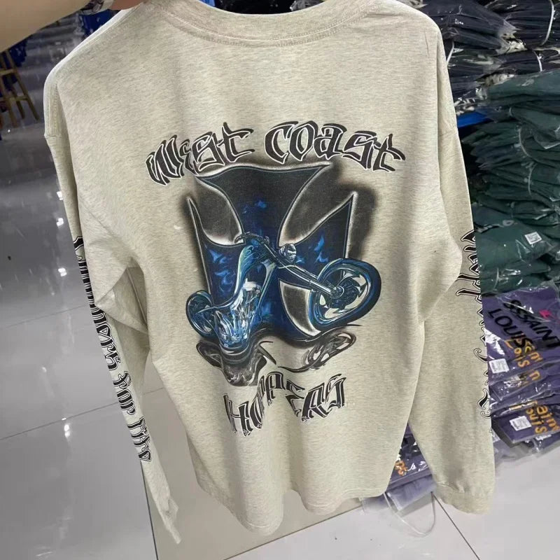 Men West Coast Style Vintage Biker Long Sleeve T Shirt Gothic Motorcycle Graphic Oversized Tops