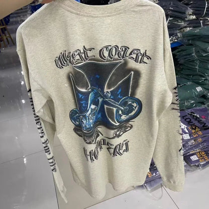 Men West Coast Style Vintage Biker Long Sleeve T Shirt Gothic Motorcycle Graphic Oversized Tops