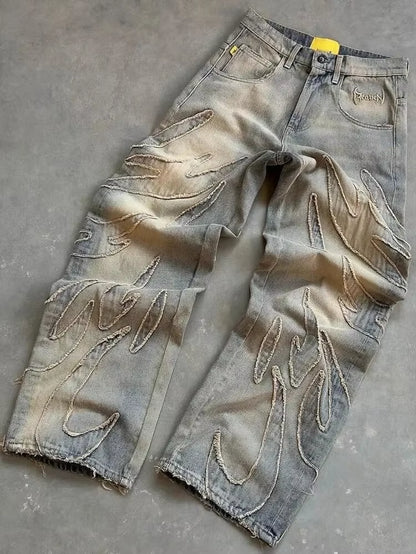 2024 American New Fashion Patch Baggy Casual Jeans for Men and Women Y2K High Street Harajuku High Waist Wide Leg Denim Trousers