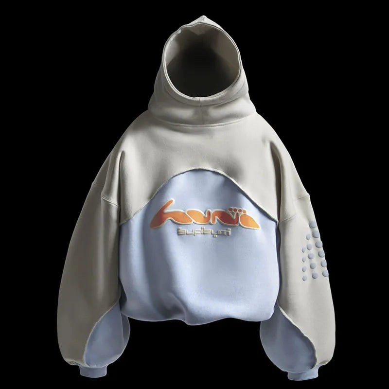 Aesthetic High Street Harajuku Hip Hop Rock Long Sleeve Pullover Contrast Stitching Creative Foam Printing Fashion Casual Hoodie