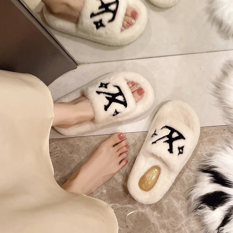 2025 New Popular Women'S Slippers Party Plush Summer New Best-Selling Furry Home Shoes Fur Flip Flops Female Slides Fur Shoes