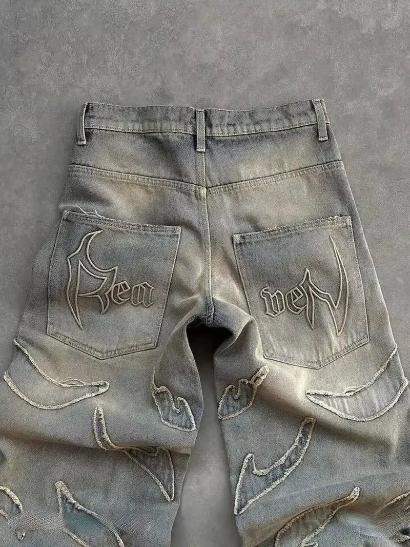 2024 American New Fashion Patch Baggy Casual Jeans for Men and Women Y2K High Street Harajuku High Waist Wide Leg Denim Trousers