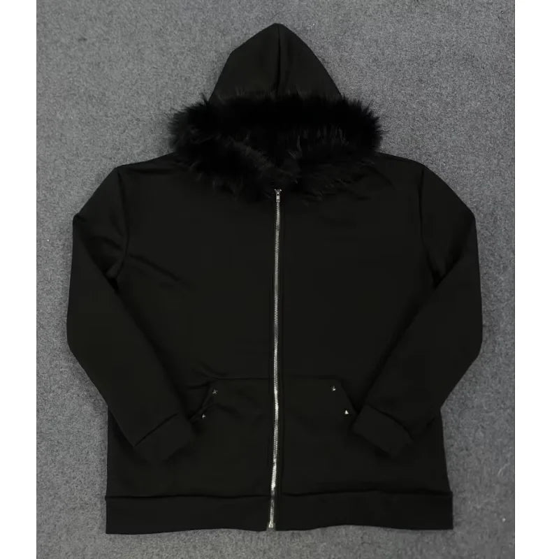Y2K Style Hoodie Fluffy Sherpa Fleece Pullover Long Sleeve Zip up Retro Streetwear Vintage 2000S Sweatshirt for Women Men Unisex