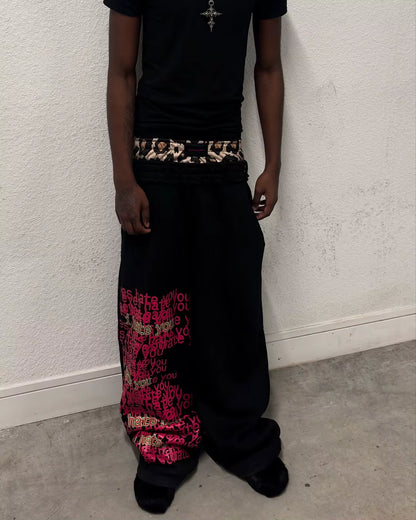 Retro Double Waist Design Casual Street Men Pants Hip-Hop Gothic Harajuku Loose Pants Y2K Letter Pattern Sports Pants