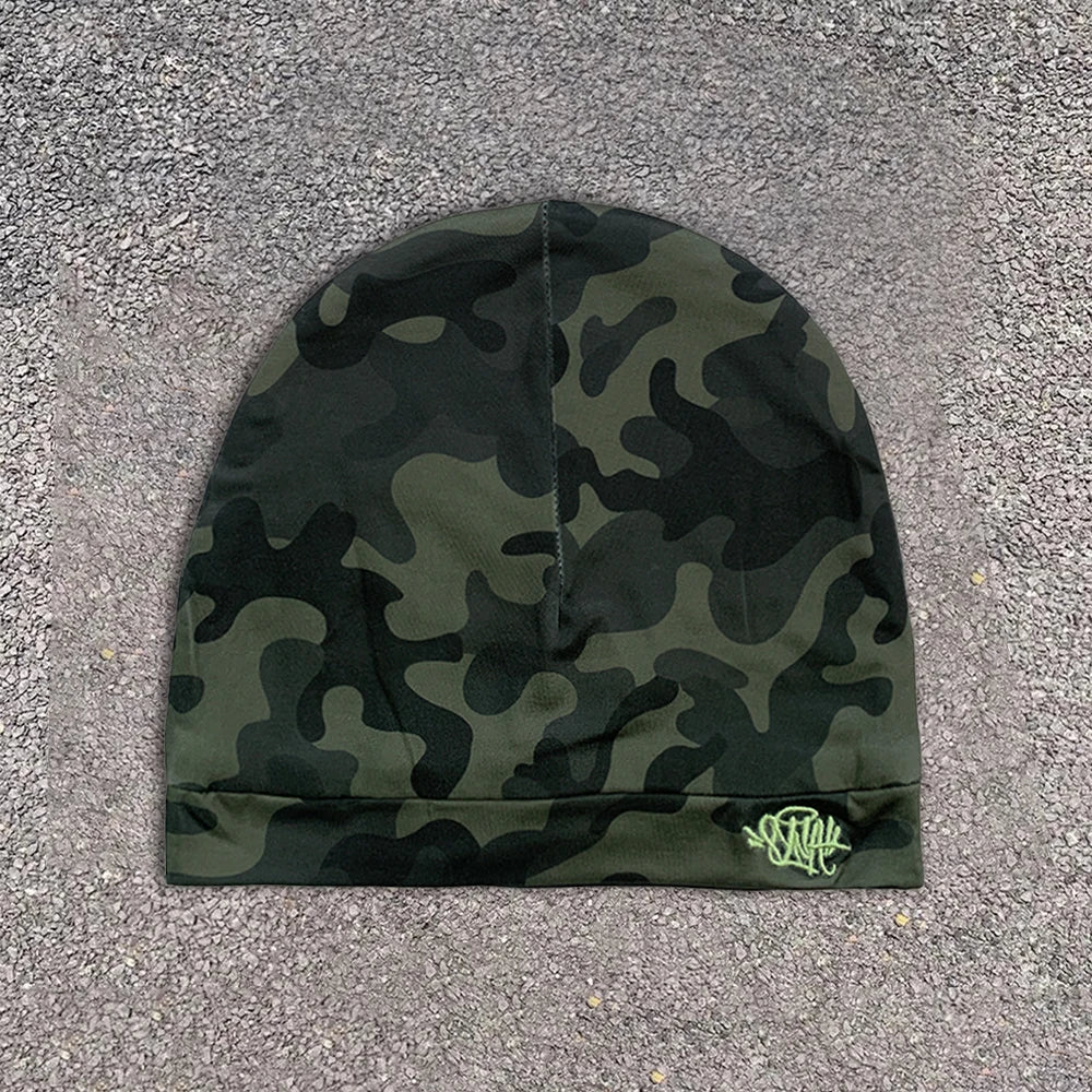 Dark Alt Fashion Camo Beanie Unisex with Neon Green Embroidery for Streetwear and Couple Outfit