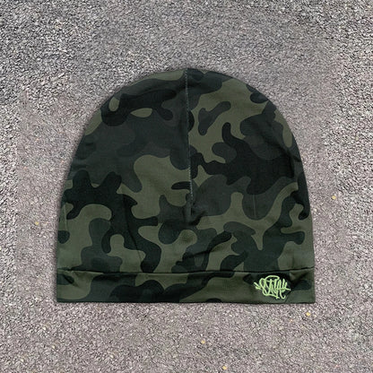 Dark Alt Fashion Camo Beanie Unisex with Neon Green Embroidery for Streetwear and Couple Outfit