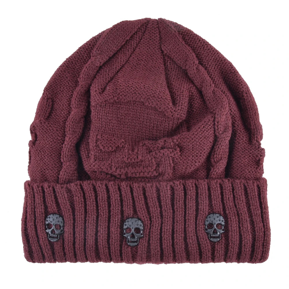 Winter Beanies Men Knitted Skull Pattern Solid Color Hat with Metal Skulls Skullies Beanies Men'S Knit Thick Hats Add Velvet