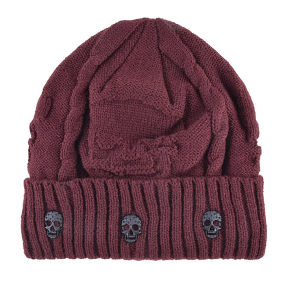 Winter Beanies Men Knitted Skull Pattern Solid Color Hat with Metal Skulls Skullies Beanies Men'S Knit Thick Hats Add Velvet