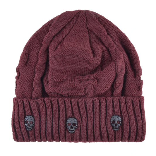 Winter Beanies Men Knitted Skull Pattern Solid Color Hat with Metal Skulls Skullies Beanies Men'S Knit Thick Hats Add Velvet