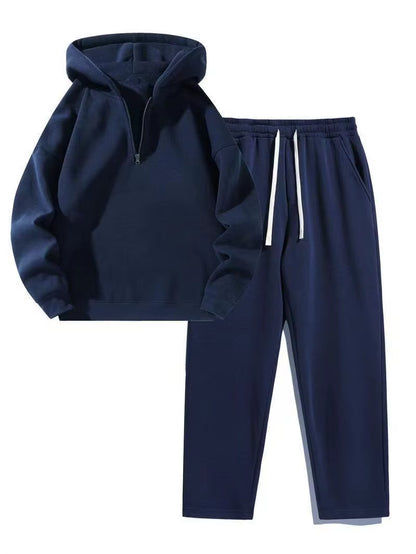 Autumn Winter Casual Sports Style Women'S Two-Piece Set Fashionable Solid Color Hooded Pullover Sweatshirt Wide-Leg Pants Set