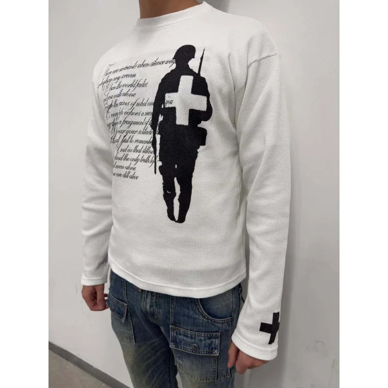 2026 New Arrival Women Y2K Black Soldier & Cross Print Long Sleeve Tee Waffle Knit Oversized Top