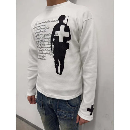 2026 New Arrival Women Y2K Black Soldier & Cross Print Long Sleeve Tee Waffle Knit Oversized Top