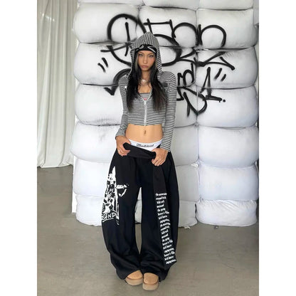 ZHIZOU Women Gray Gothic Baggy Y2K Letter Print Pants Harajuku 2000S Vintage Oversize Sweatpants Wide Leg Trousers Autumn 2025