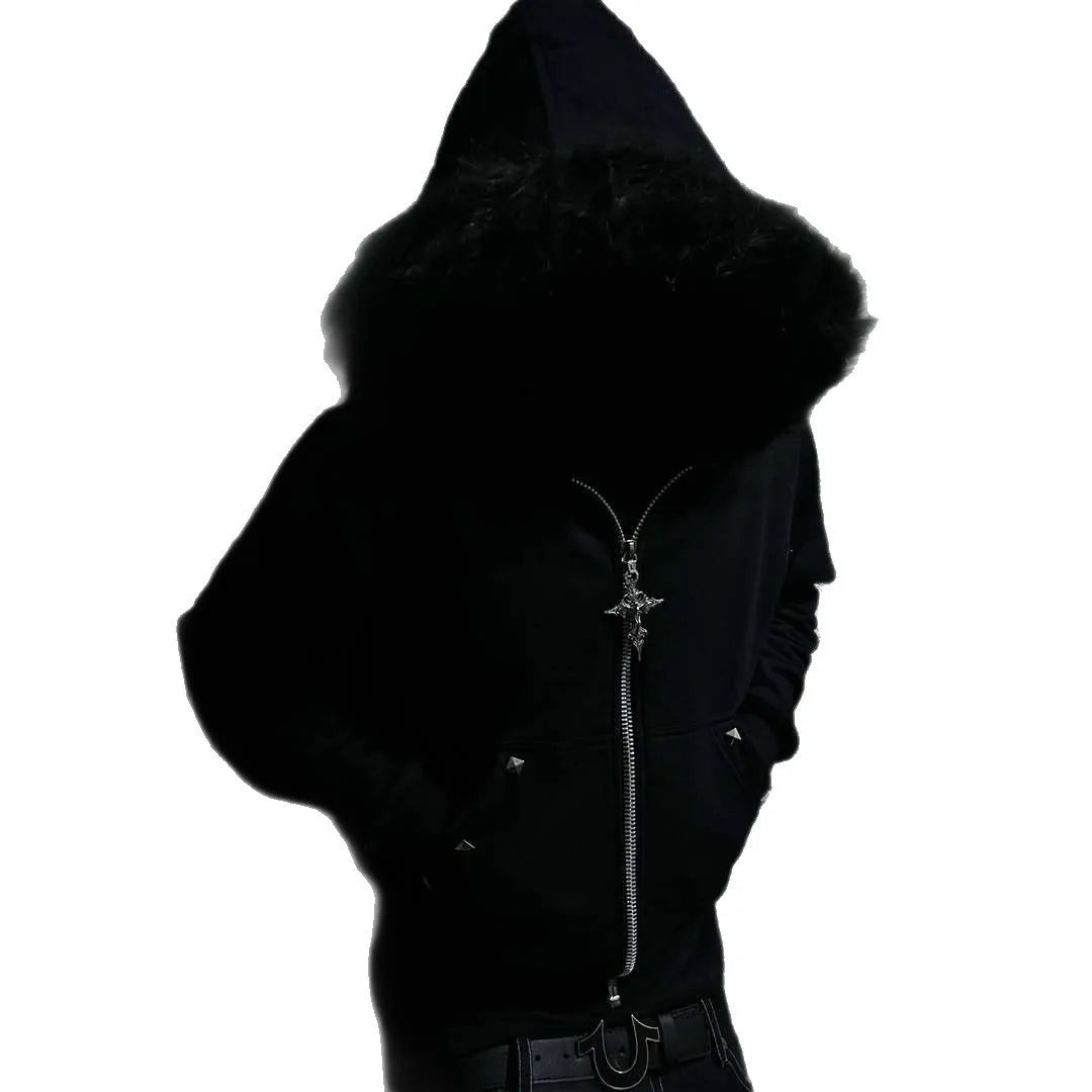 Y2K Style Hoodie Fluffy Sherpa Fleece Pullover Long Sleeve Zip up Retro Streetwear Vintage 2000S Sweatshirt for Women Men Unisex